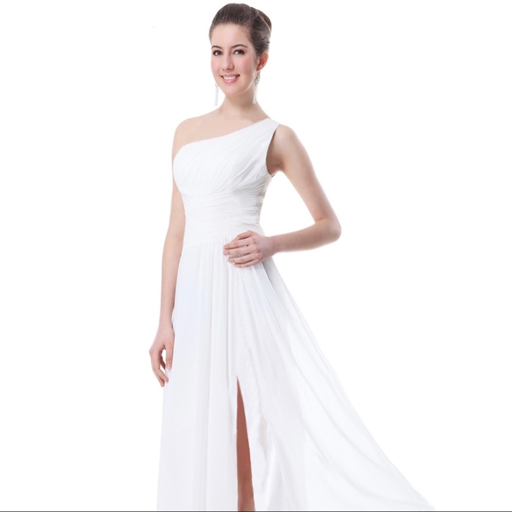 White asymmetrical gown